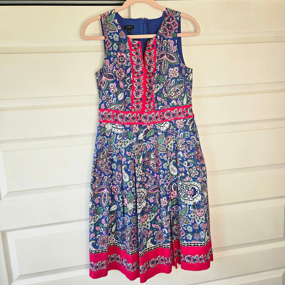 Talbots Paisley Floral Fit Flare Midi Dress Pink Blue Split V-Neck Size 4